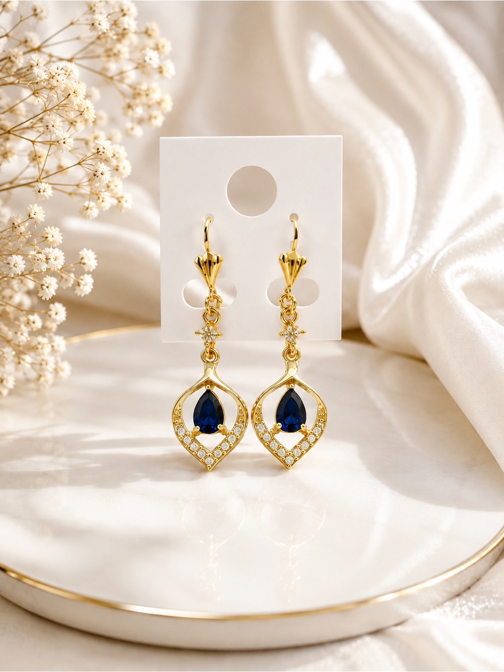 Gold Plated Navy Teardrop Drop Earrings with Crystal Accents